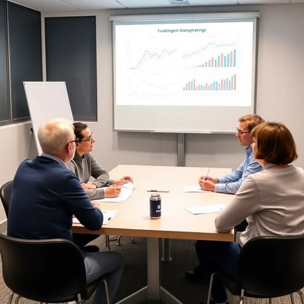 Kursteilnehmer diskutieren über Investitionsstrategien in einem modernen Seminarraum