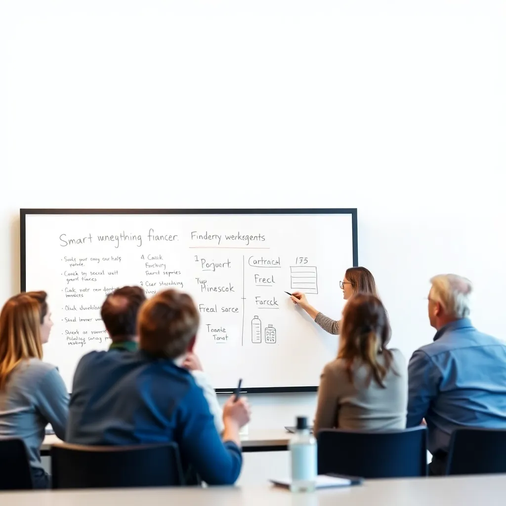 Finanztrainer erklärt Konzepte an einem Whiteboard mit Teilnehmern