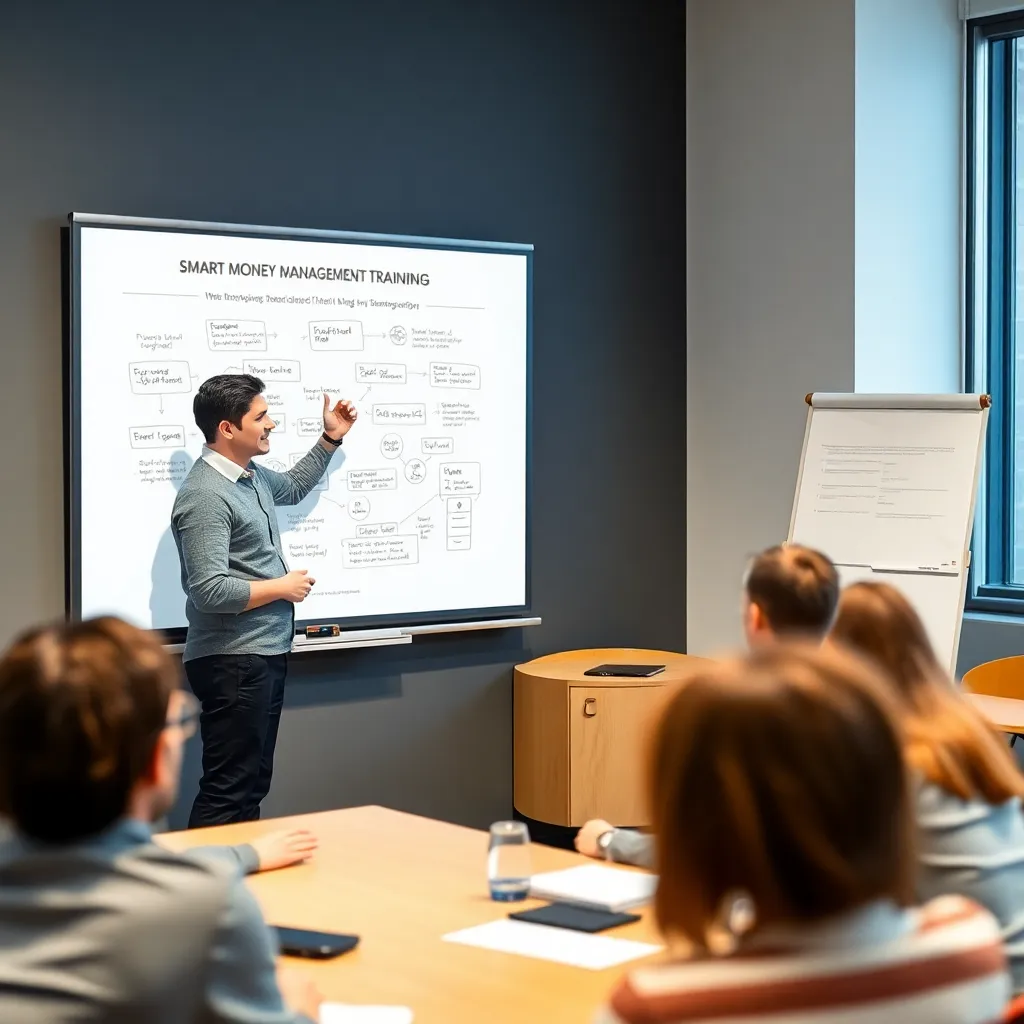 Trainer erklärt Finanzkonzepte an einer interaktiven Tafel