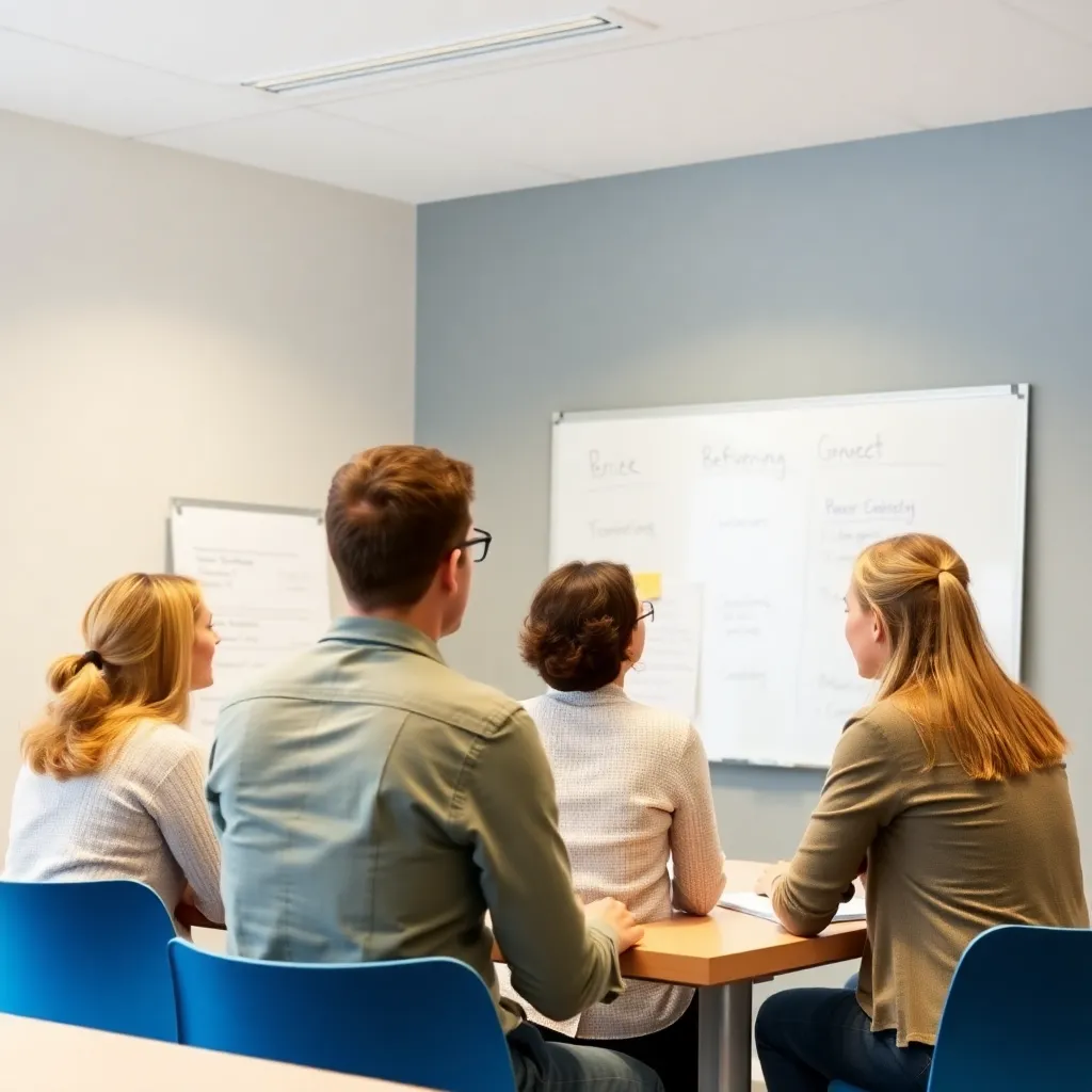 Teilnehmer in einem Workshop diskutieren Finanzstrategien an einem Whiteboard