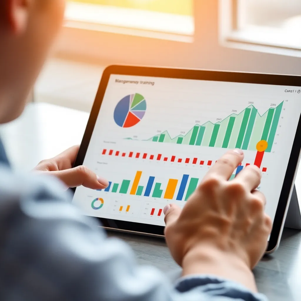 Person analysiert Finanzdiagramme auf modernem Tablet mit wachsenden Balkendiagrammen