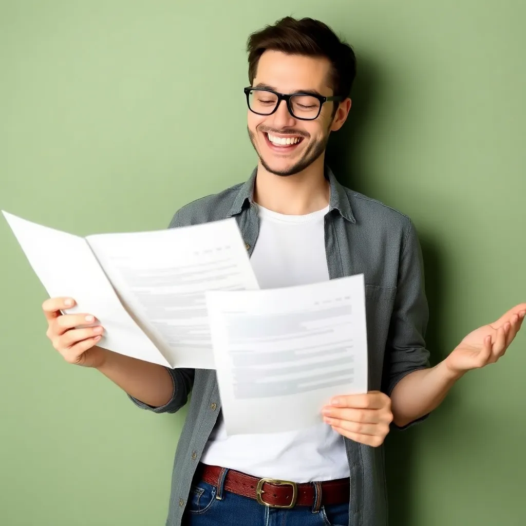 Person in entspannter Haltung betrachtet Finanzdokumente mit positivem Ausdruck, symbolisiert finanzielle Zufriedenheit und Erfolg