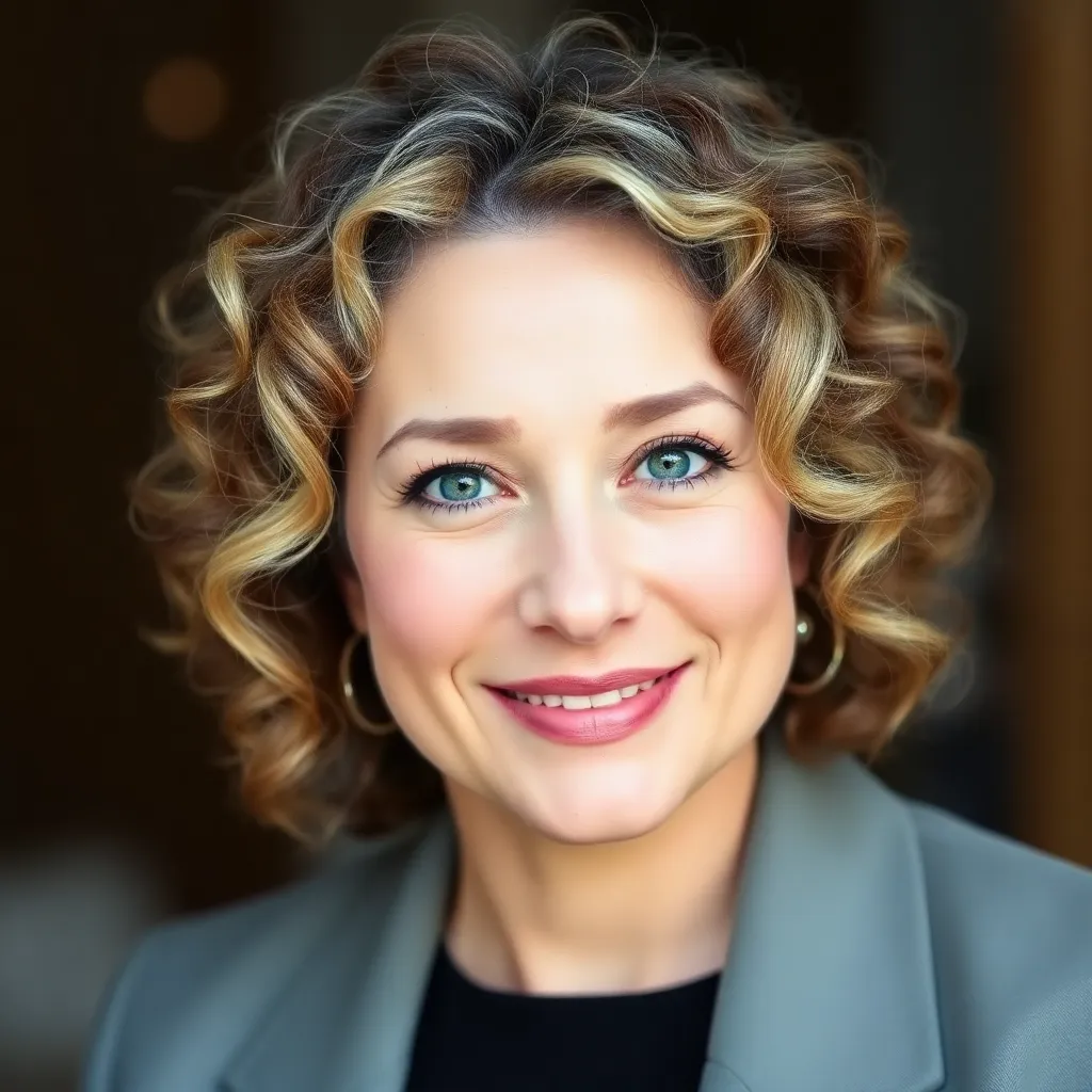 Portrait einer Frau Ende 30 mit lockigem Haar und professionellem Aussehen