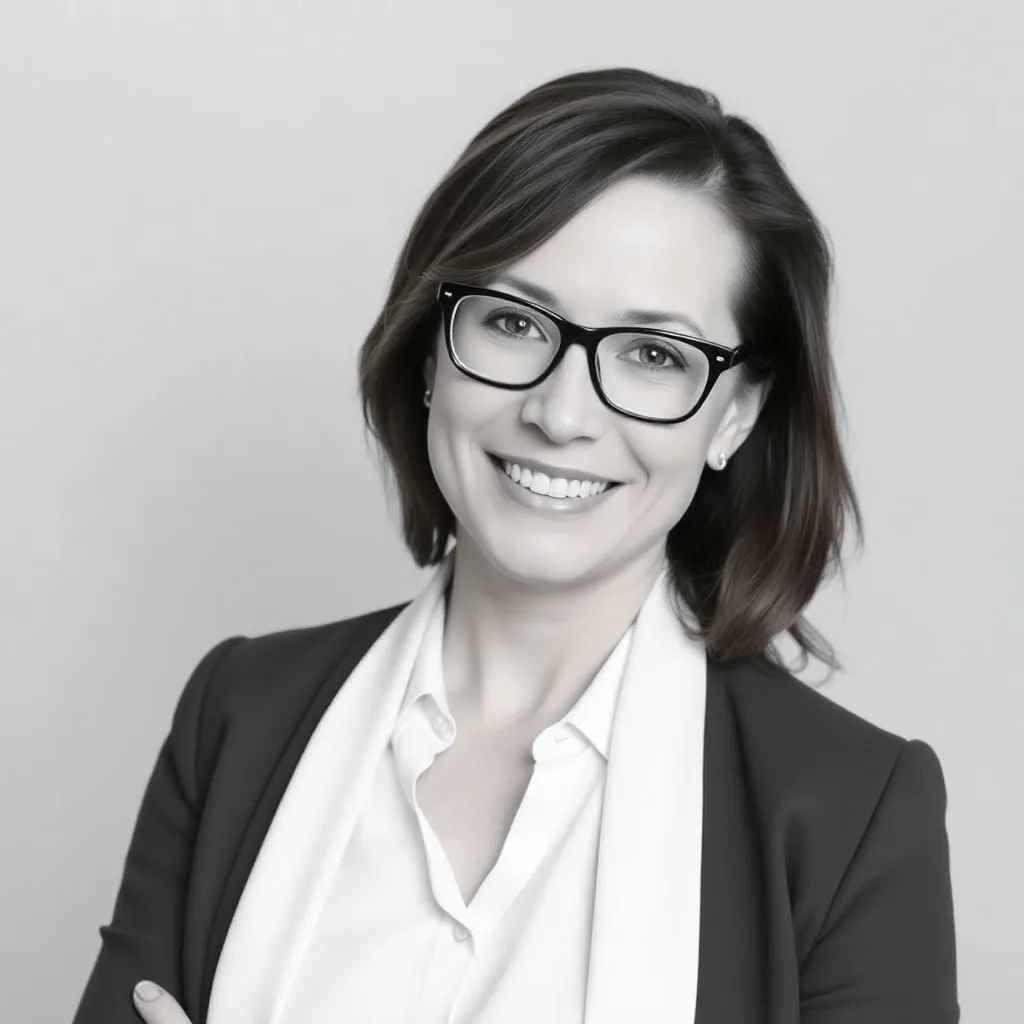 Professionelles Portrait einer Finanzexpertin mit Brille und Blazer vor neutralem Hintergrund