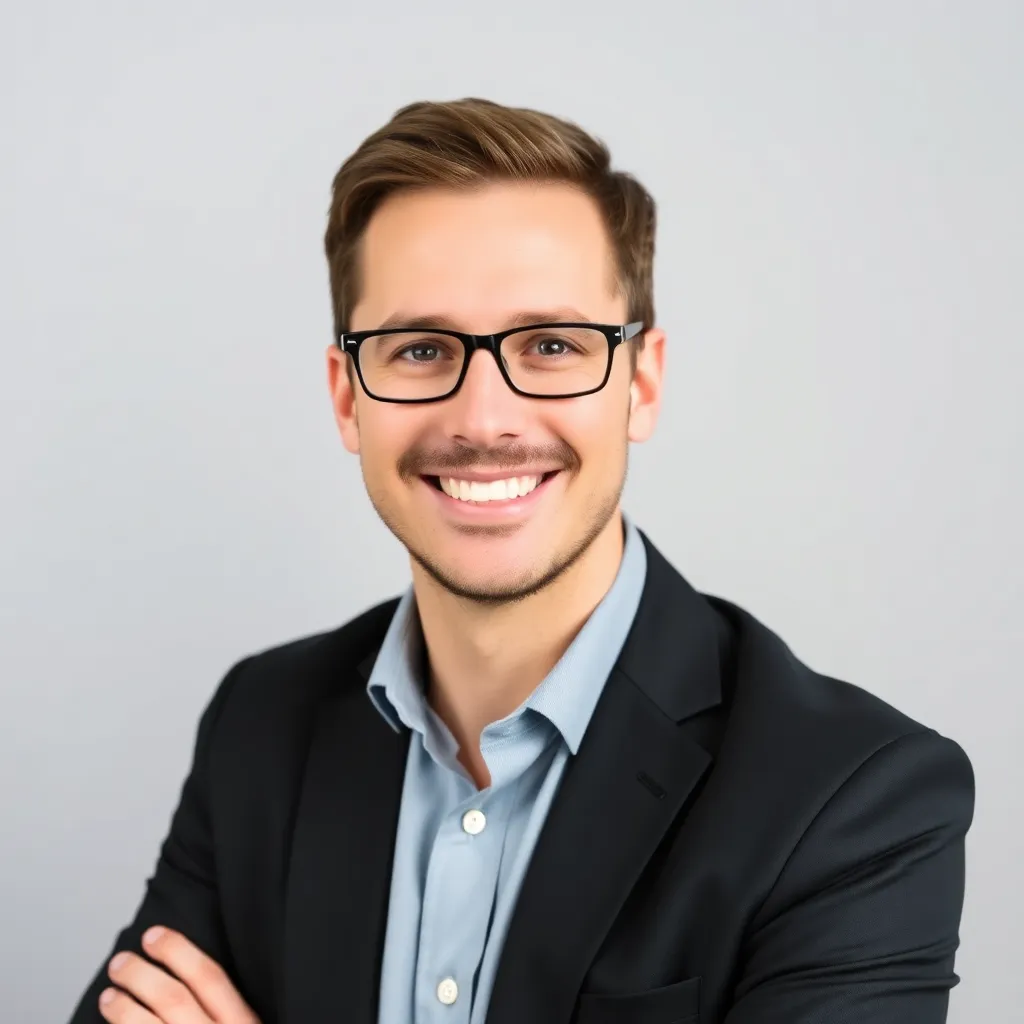 Professionelles Portrait eines männlichen Finanzcoaches mit freundlichem Lächeln in Business-Casual-Kleidung