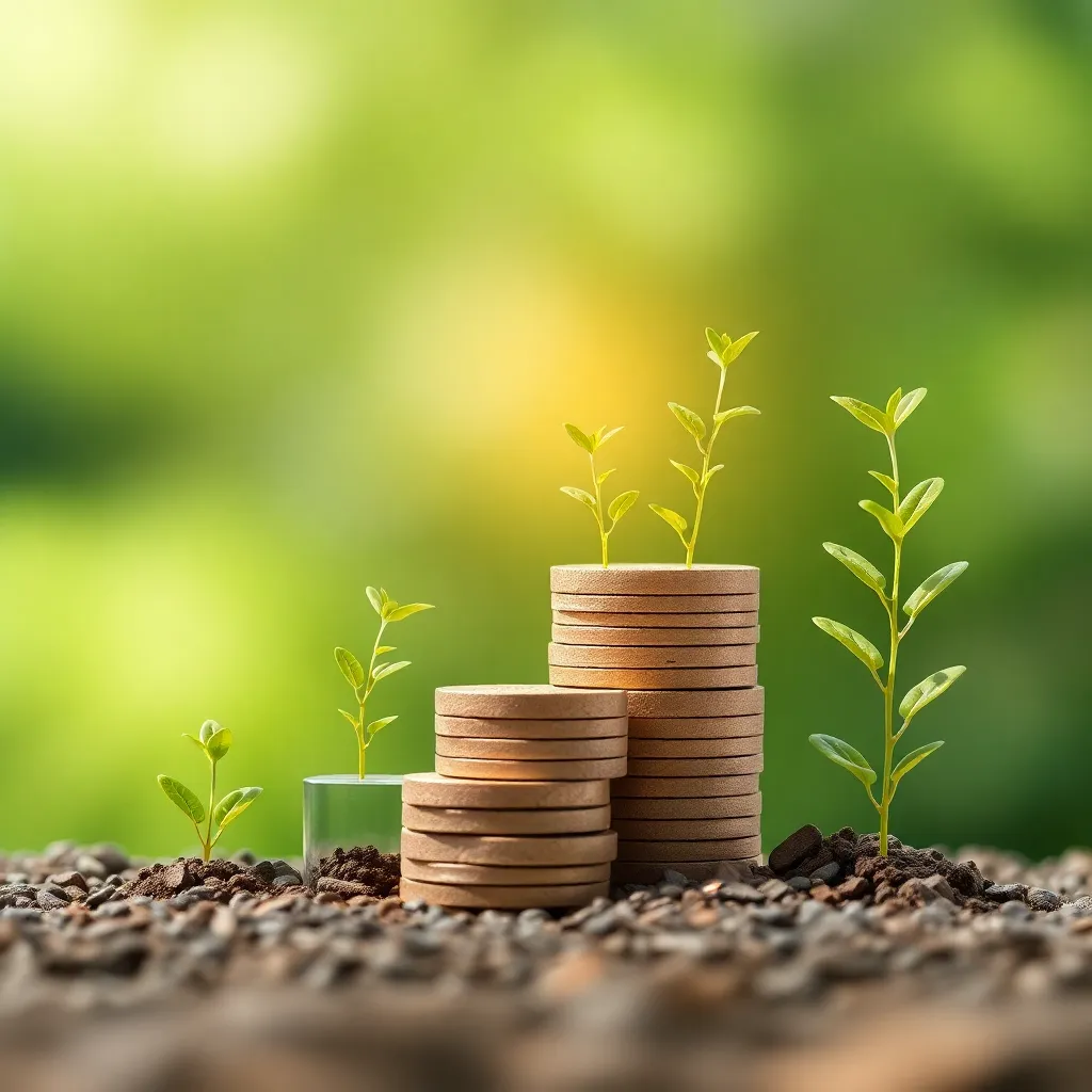 Symbolische Darstellung einer finanziellen Transformation mit aufsteigenden Stufen und wachsenden Pflanzen